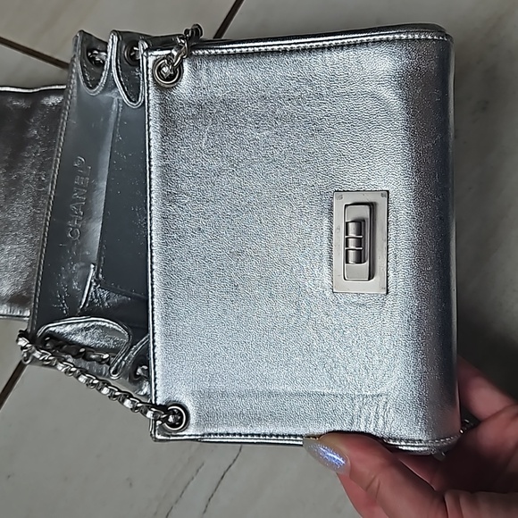 CHANEL Metallic Silver Mini Bag Chain Strap Turnlock w/Card - Picture 10 of 14